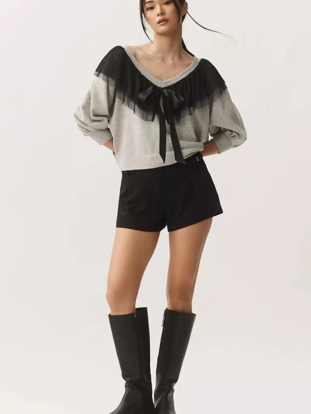 Maeve Gray V-Neck Sweater with Black Tulle Trim